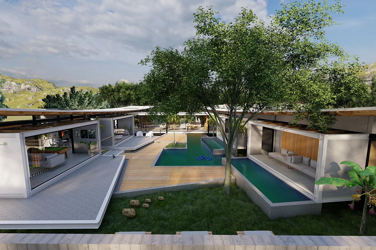 Perspectiva 3D de casa térrea em condomínio, com piscina e deck